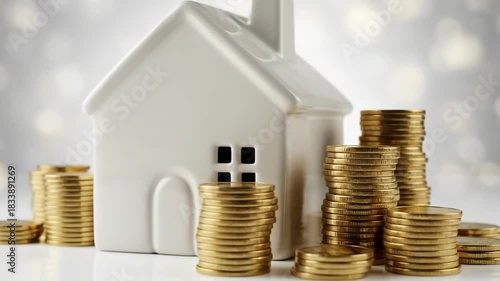 Changing stacks of gold coins around a white house model. Real estate investment and property financial growth concept.
