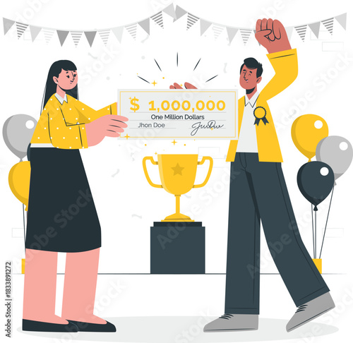 Woman Hands Man One Million Dollar Check Trophy Balloons money million dollars