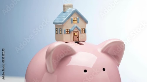Toy house on a growing piggy bank for home property financial savings. Investment and real estate asset acquisition concept.