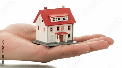 Person holding model house in hand with coins in a row, real estate investment and property saving concept