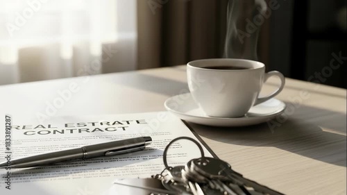 Real estate contract on table with pen, keys, and coffee cup. Home purchase or rental agreement concept for property transaction.