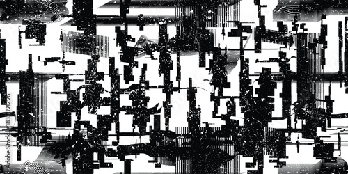 Glitch distorted grungy endless pattern . Cyber punk seamless pattern texture. Textured futuristic background . Glitched shapes with dots and lines .Screen print repeating pattern texture
