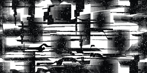 Glitch distorted grungy endless pattern . Cyber punk seamless pattern texture. Textured futuristic background . Glitched shapes with dots and lines .Screen print repeating pattern texture
