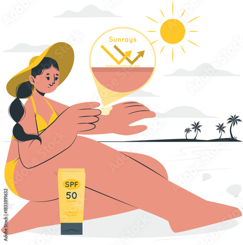 Woman in bikini applying sunscreen with SPF 50 on a beach SPF 50