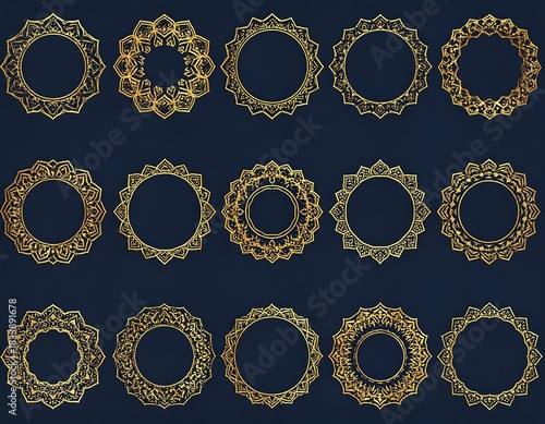 Golden mandala frames collection on dark blue background for ornate designs