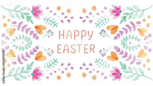 Happy easter greeting card with watercolor floral and heart illustrations in pastel colors on a white background