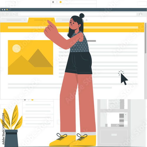 Woman interacting with web browser interface vector illustration