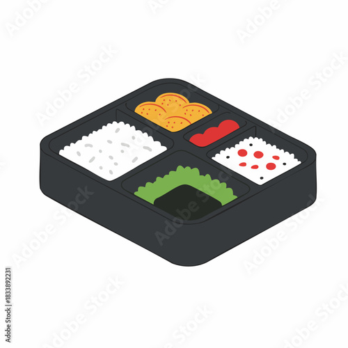 Isometric Bento Box with Rice, Snacks, and Colorful Food Compartments.