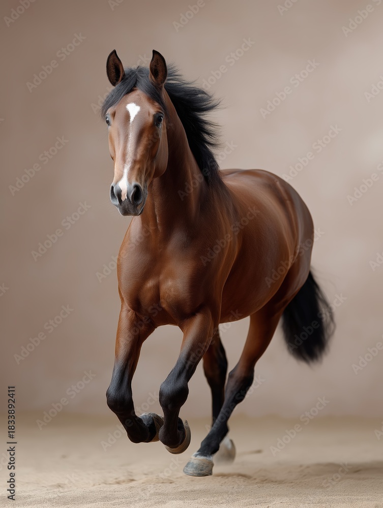 Obraz premium Elegant brown horse running gracefully in outdoor natural setting showcasing strength, agility, beauty, and the majestic presence of wildlife in a vibrant countryside environment