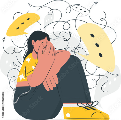 Woman overwhelmed by thoughts and communication bubbles anxiety stress