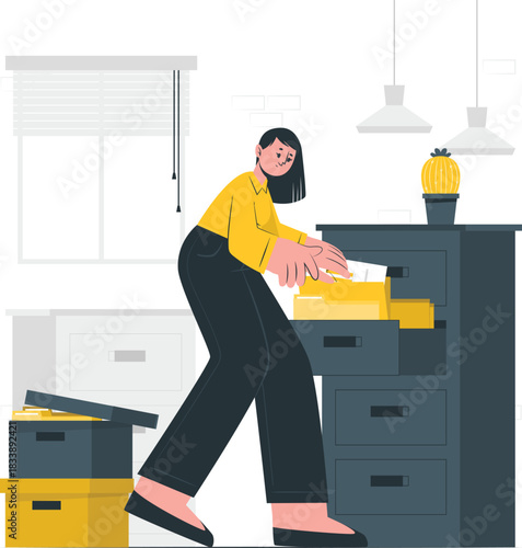 Woman organizing files in a filing cabinet in an office organization