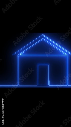 Neon blue outline of a simple house on a black background home building