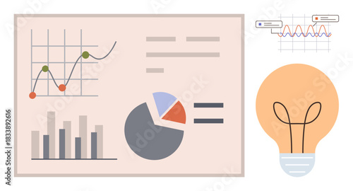 Graphs, bar chart, pie chart, and trendline on analytics board with a light bulb for creativity. Ideal for business, marketing, innovation, data growth brainstorming strategy. Clean flat metaphor