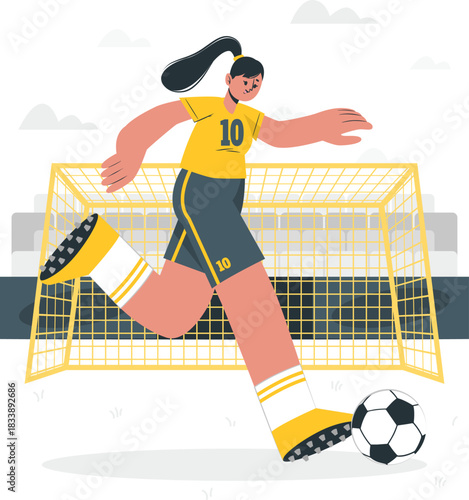 Woman Playing Soccer Kicking Ball Towards Goal Keywords: soccer, football, sport, player, woman