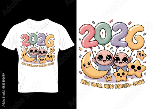 Kawaii New Year 2026 Cute Characters Holding Balloons – Adorable Cartoon Design vector custom appeal cloth template 