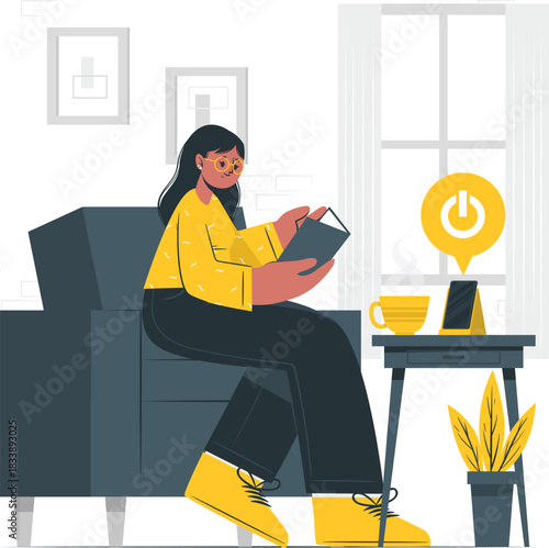 Woman reading book on armchair with coffee and phone vector illustration