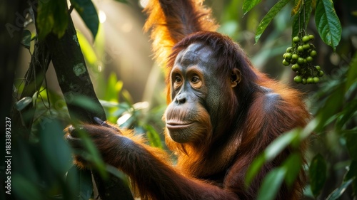 A majestic orangutan perched among lush green foliage, bathed in soft sunlight, showcasing its expressive face and vibrant fur.