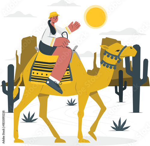 Woman riding a camel through a desert landscape with cactuses travel