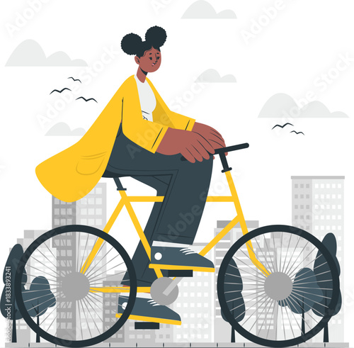 Woman riding a yellow bicycle through a city with buildings bike cycling