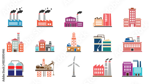 Set of colorful flat icon illustrations of a factory