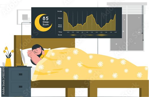 Woman Sleeping with Sleep Tracker Data vector