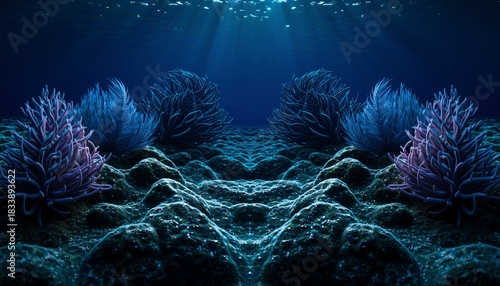 Underwater Scene with Coral Reefs and Sunlight Beams in Deep Ocean