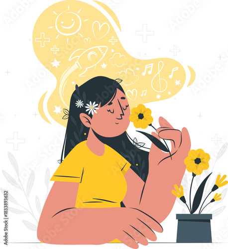 Woman smelling yellow flowers with dreams of rocket and sun vector illustration