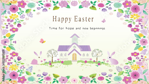 Charming easter illustration featuring a quaint church playful bunnies delicate butterflies and a vibrant floral border conveying a message of hope and new beginnings