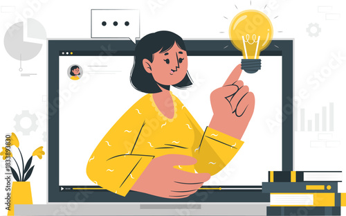 Woman touching light bulb on laptop screen with graph and books person computer