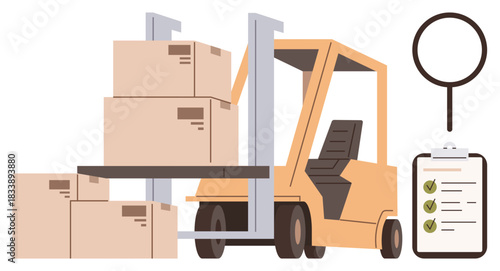 Forklift transporting stacked boxes, paired with a checklist and magnifying glass emphasizing inspection. Ideal for logistics, quality control, warehouse operation, supply chain, shipping