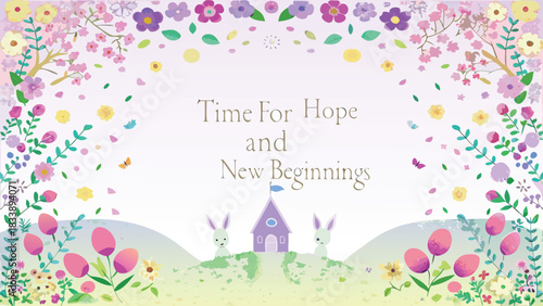 Whimsical spring scene with two cute bunnies and a small house surrounded by flowers and butterflies symbolizing hope and new beginnings