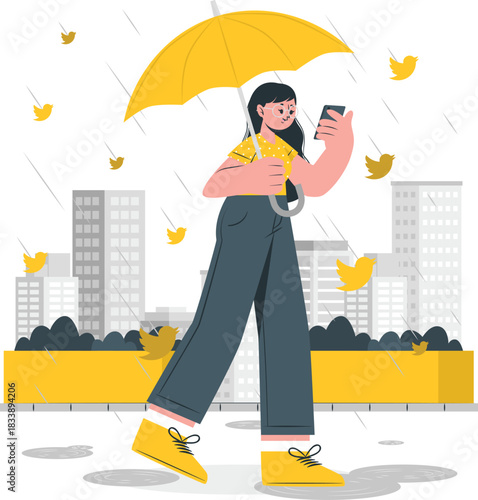 Woman Walking In Rain With Umbrella And Phone yellow