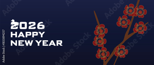 Chinese New Year 2026 greeting banner with blooming plum blossoms in traditional Chinese style and elegant festive background
