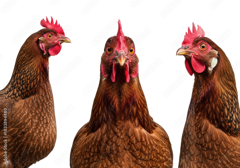 Fototapeta premium Three domestic hens with rich brown and speckled plumage, vibrant red combs, alert and curious, in a professional studio on a transparent background with no shadows, whimsical animal portrait