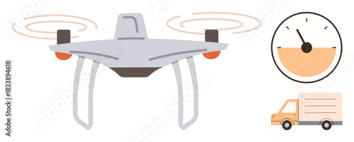 quadcopter hovering mid-air, delivery truck and stopwatch emphasizing fast shipping, precise timing. Ideal for logistics, technology, automation, delivery service, innovation, efficiency fast-paced