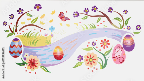 Whimsical easter scene with colorful decorated eggs blooming flowers a winding path and a butterfly against a light background