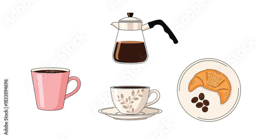 An assortment of coffee-related items including a coffee pot, mugs, and a croissant with coffee beans, perfect for breakfast.