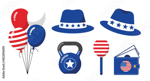 Various red, white, and blue patriotic items including balloons, star-spangled hats, and American flag accessories, celebrating national pride.