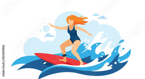 A vibrant flat illustration of a woman in a blue swimsuit confidently riding a red surfboard on a big ocean wave under a summer sky.