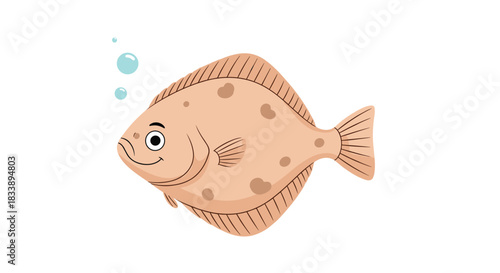 A friendly, cartoon flounder character with a happy smile and brown spots swims in the water, depicted in a charming vector illustration.