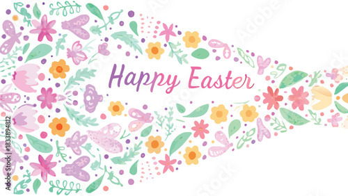 Whimsical watercolor easter greeting with butterflies and flowers in pastel colors on a white background