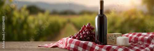 Wine bottle red grape picnic blanket vineyard countryside summer