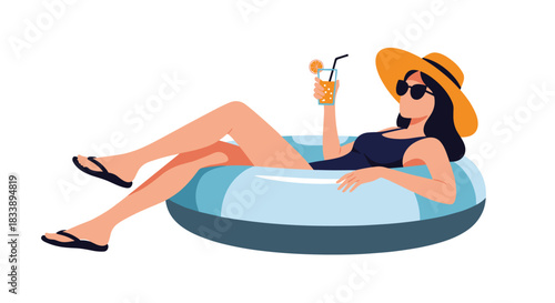 Woman relaxing on an inflatable swim ring in the water, wearing a hat and sunglasses, enjoying a refreshing drink during summer vacation.