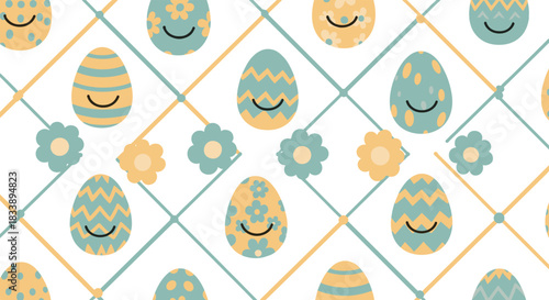 Cheerful seamless pattern with pastel Easter eggs, featuring happy faces, various designs, delicate flowers, and a decorative diagonal grid.