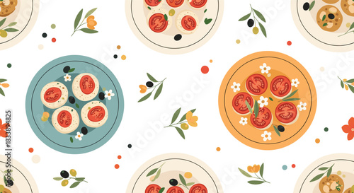 A delightful seamless pattern featuring various Italian-inspired appetizers and snacks on colorful plates, adorned with charming floral elements.
