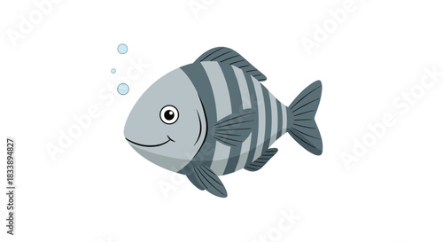 A cheerful grey and striped cartoon fish exhaling small bubbles, illustrating marine life with a simple and happy design.