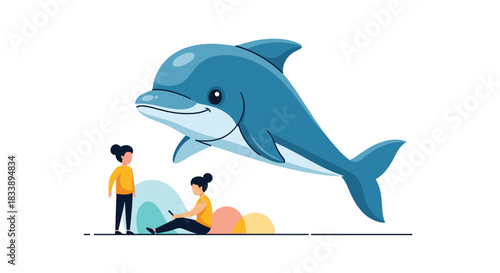 A smiling blue cartoon dolphin floats gracefully above two women interacting with abstract colorful shapes, depicting imagination and creative digital art.