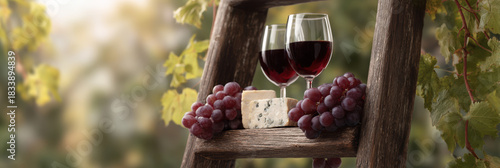 Rustic ladder vineyard wine glasses red wine grapes cheese
