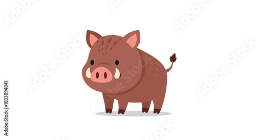 A cute cartoon wild boar with brown fur, a pink snout, and small tusks stands playfully on a white background.