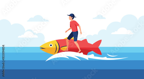 A man surfs on a large, colorful fish, creating a white wake as he glides across the calm blue ocean under a partly cloudy sky.